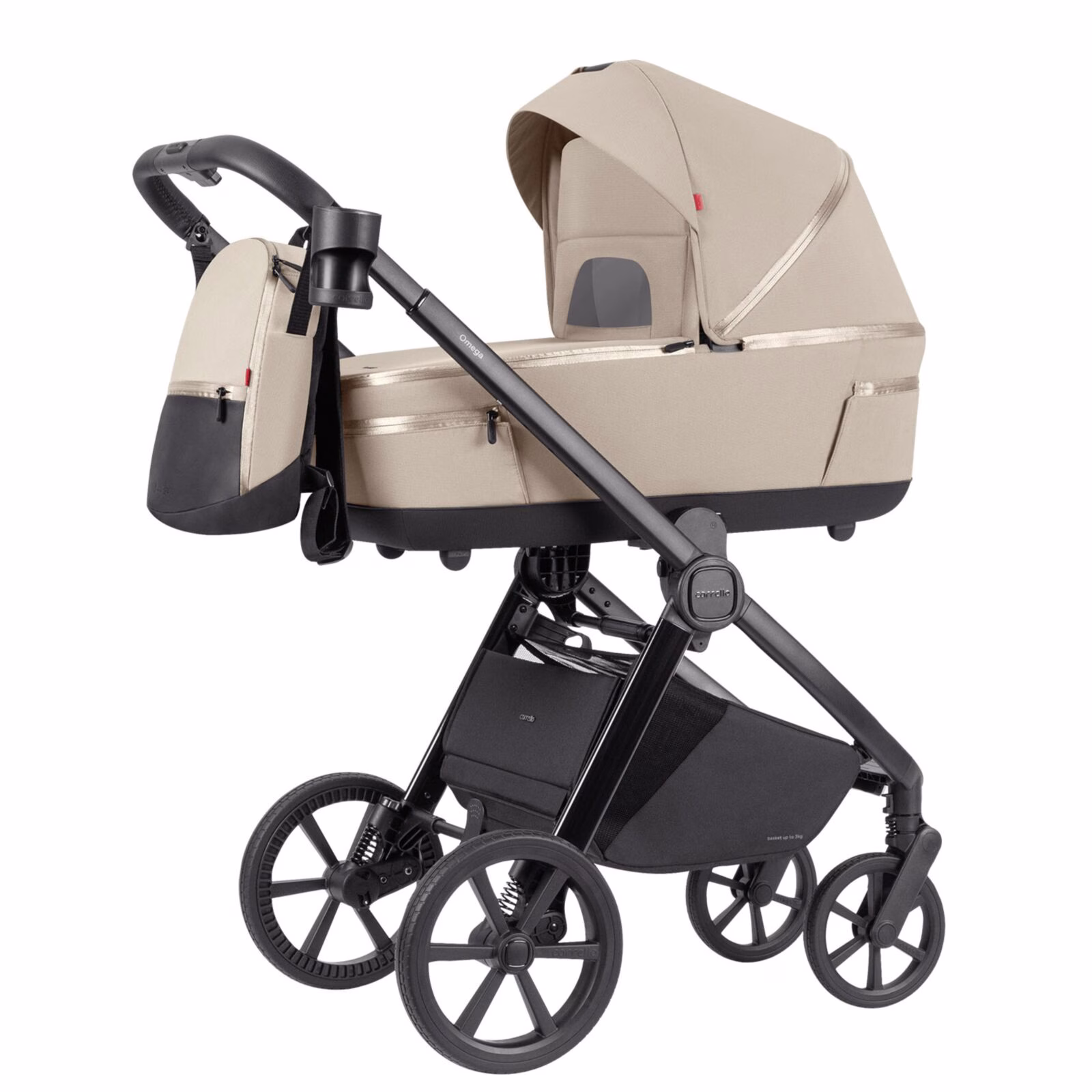 Carrello Omega Plus kinderwagen in beige – luxe en veelzijdig voor elk avontuur, verkrijgbaar bij The Baby Store