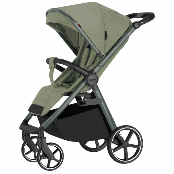 Carrello Bravo SL deluxe 2025 kinderwagen met grote wielen, verstelbare duwstang en moderne designkleuren zoals Caramel Beige en Eclipse Black.