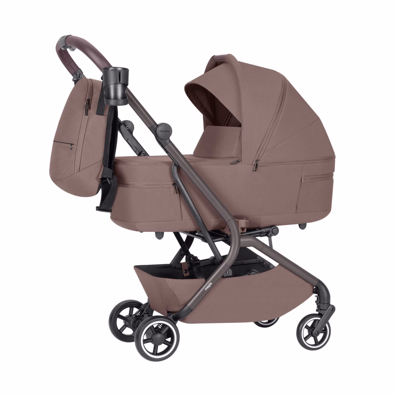 Carrello Magia CRL-6555 kinderwagen in wandelstand met zitunit, verstelbare rugleuning en stijlvolle zwarte afwerking.