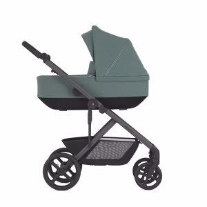 Anex Modu kinderwagen in de groene kleur met modern zwart frame en luxe reiswieg.
